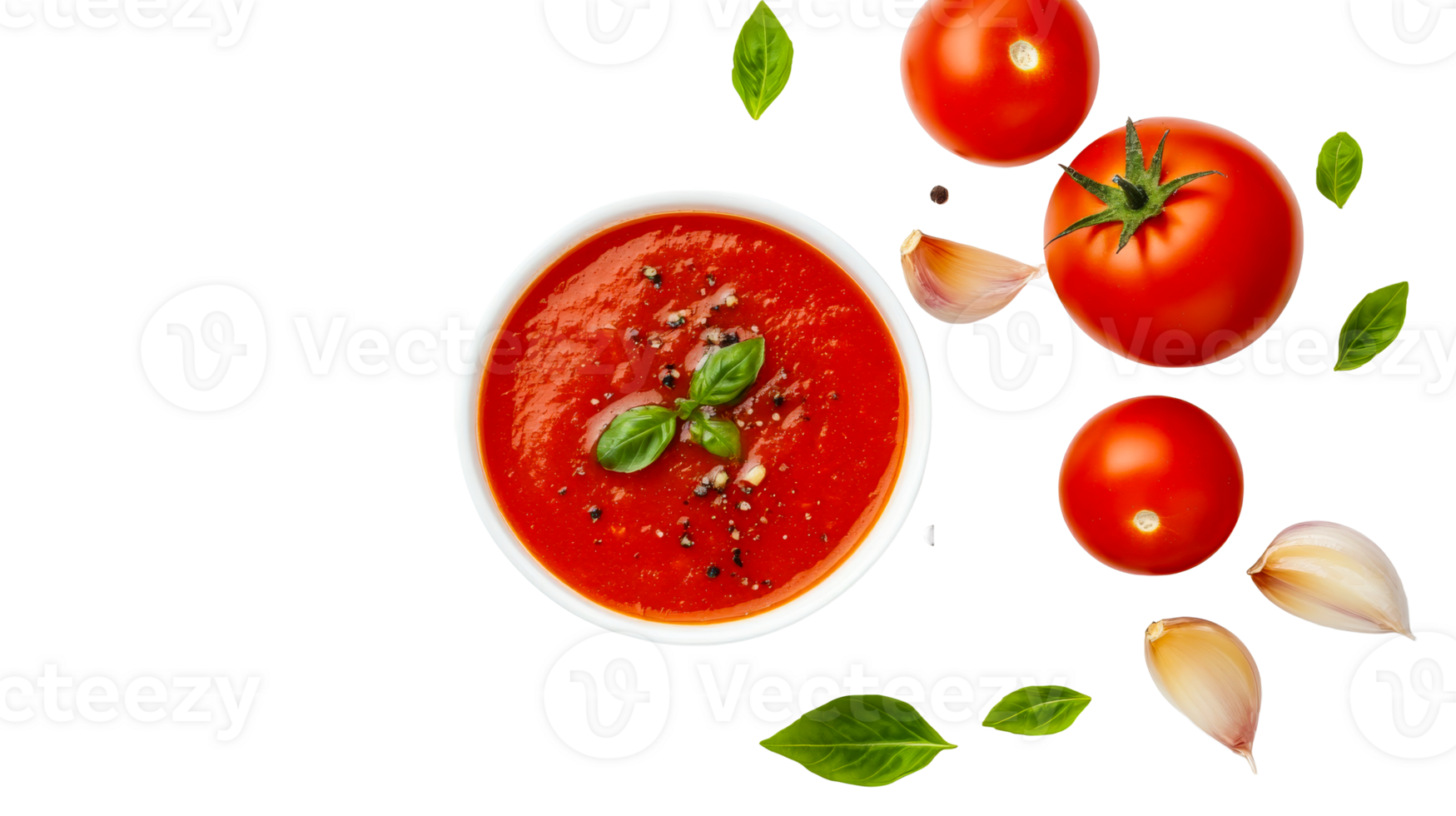 Tomato soup in a bowl with basil and garlic, cut out transparent png