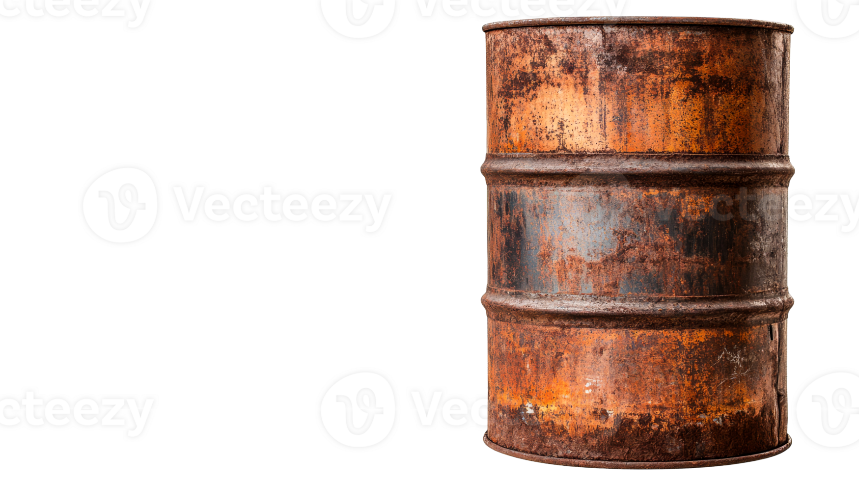 Old, rusty metal barrel with flaking paint and corrosion, cut out transparent png