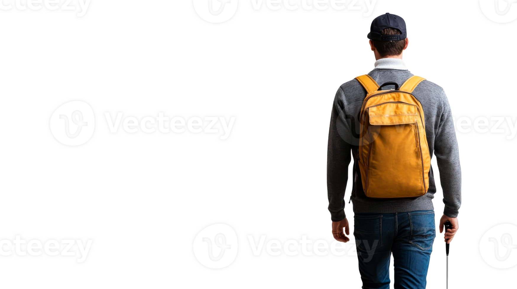 Man with backpack and cane walking forward, back view, cutout transparent png
