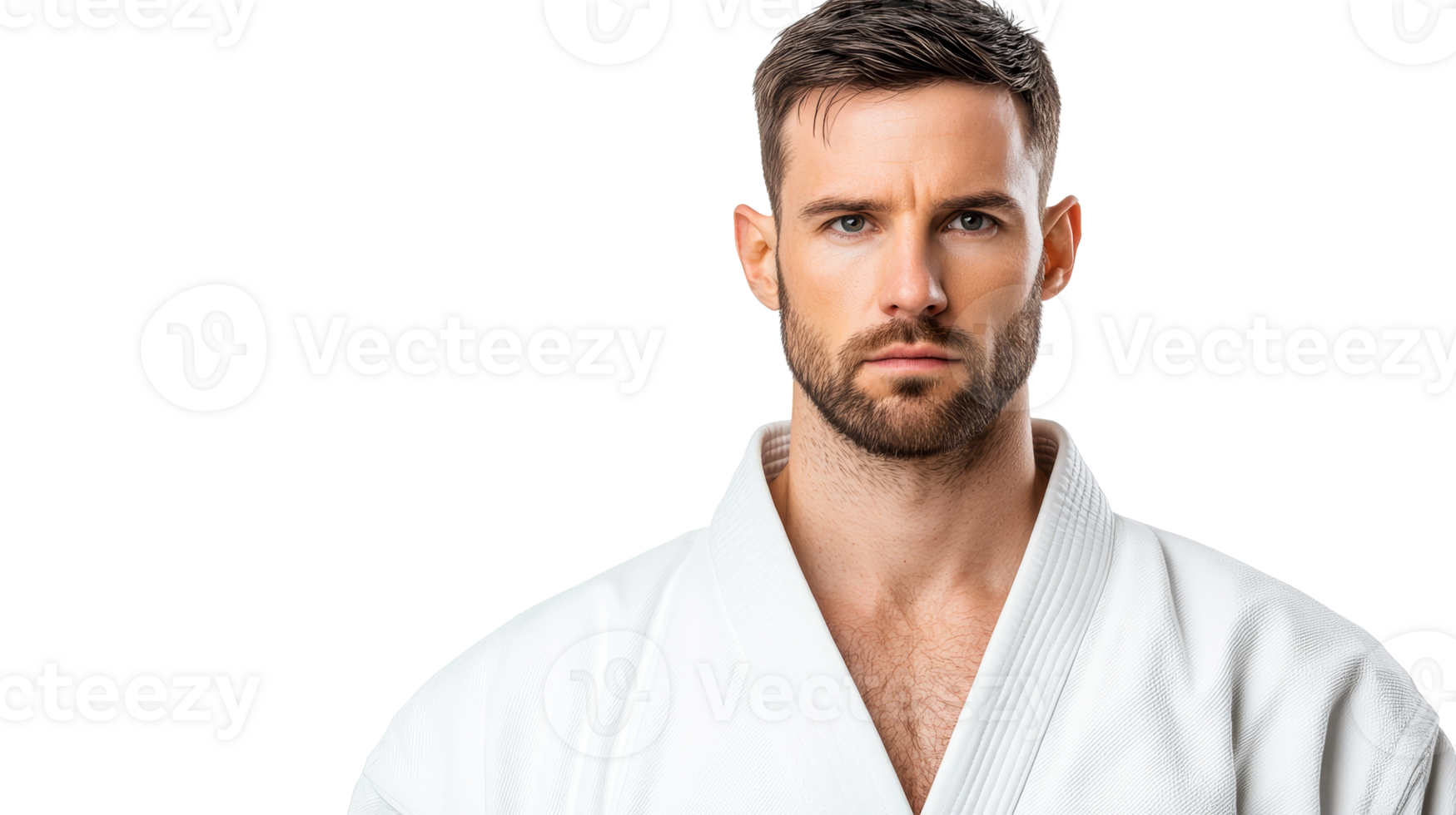 Serious martial artist in white uniform poses directly at camera, cut out transparent png