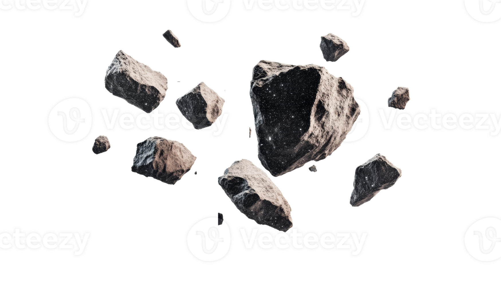 Asteroid field floating in outer space with cosmic glitter, cut out transparent png