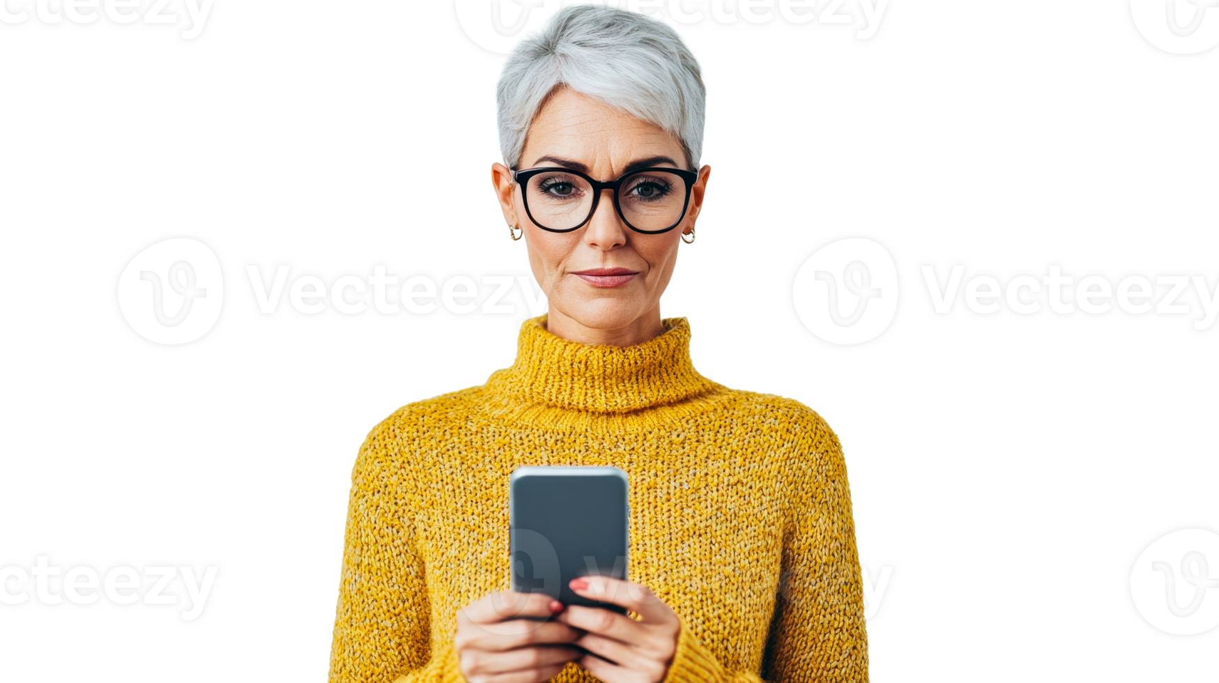 Elegant woman with smartphone on transparent background, cut out transparent png