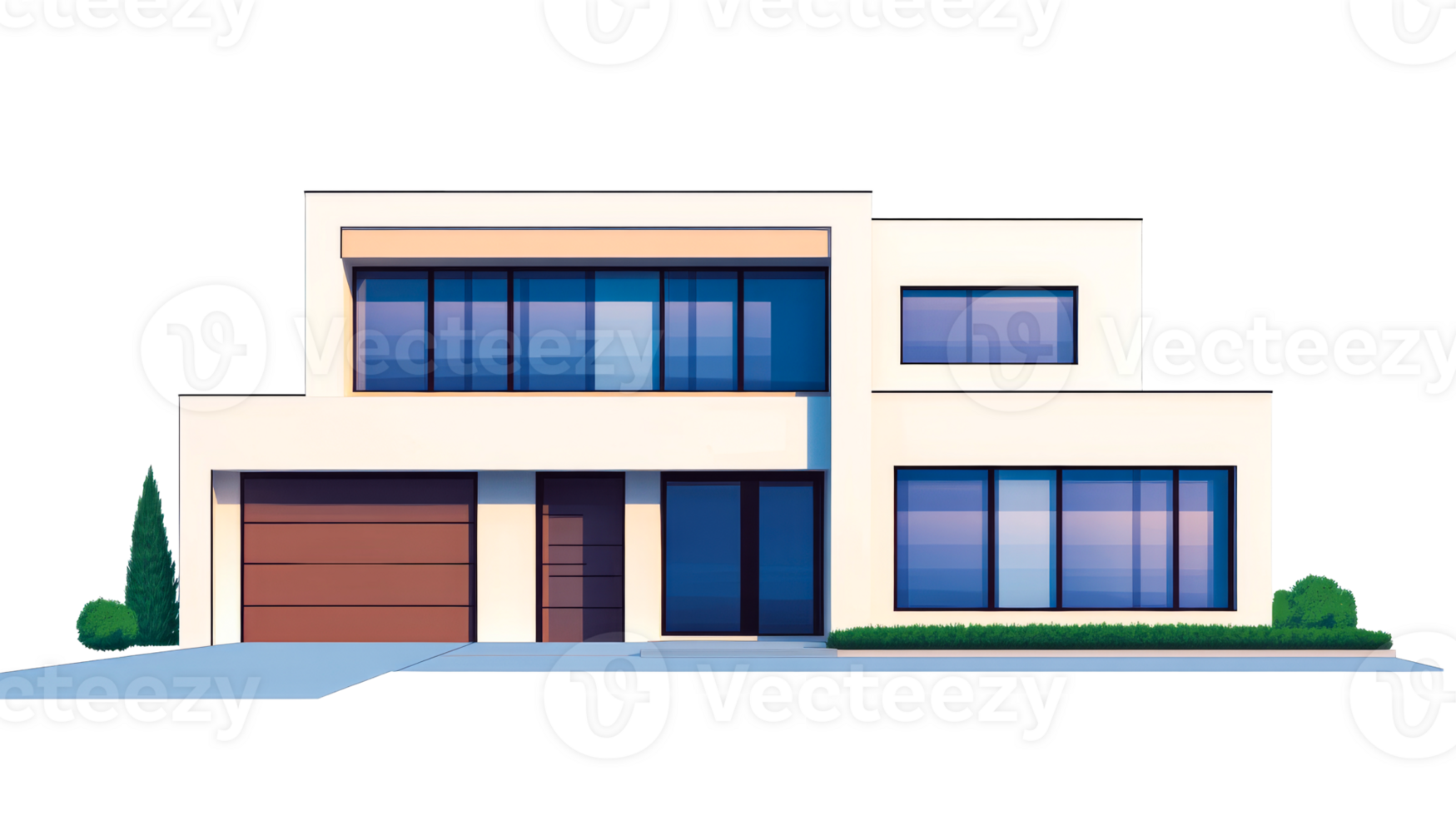 Modern villa with geometric design, landscaping, and black background, cut out transparent png