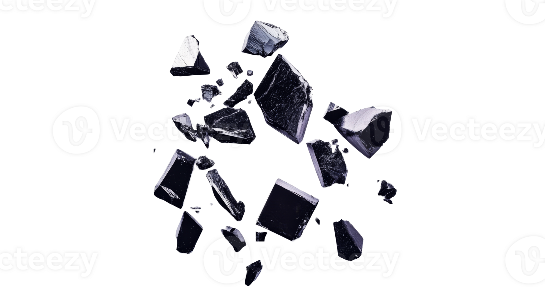 Shiny crystals fly in the air on black background, cut out transparent png