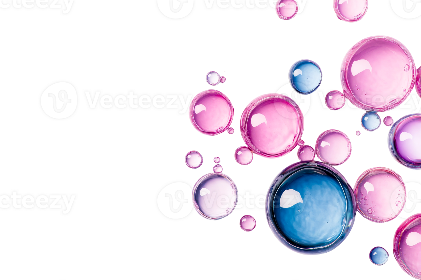 Pink and blue shiny bubbles on black background, cut out transparent png