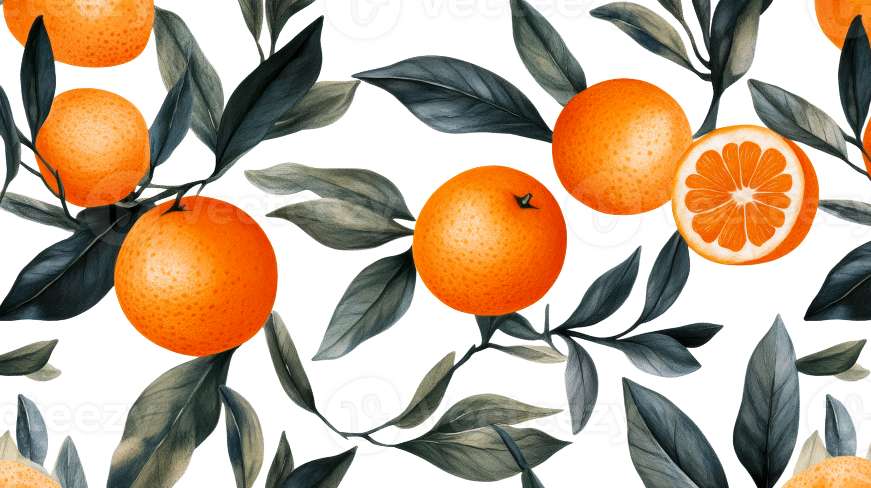 Oranges with Leaves on Black Background Seamless Pattern , cut out transparent png