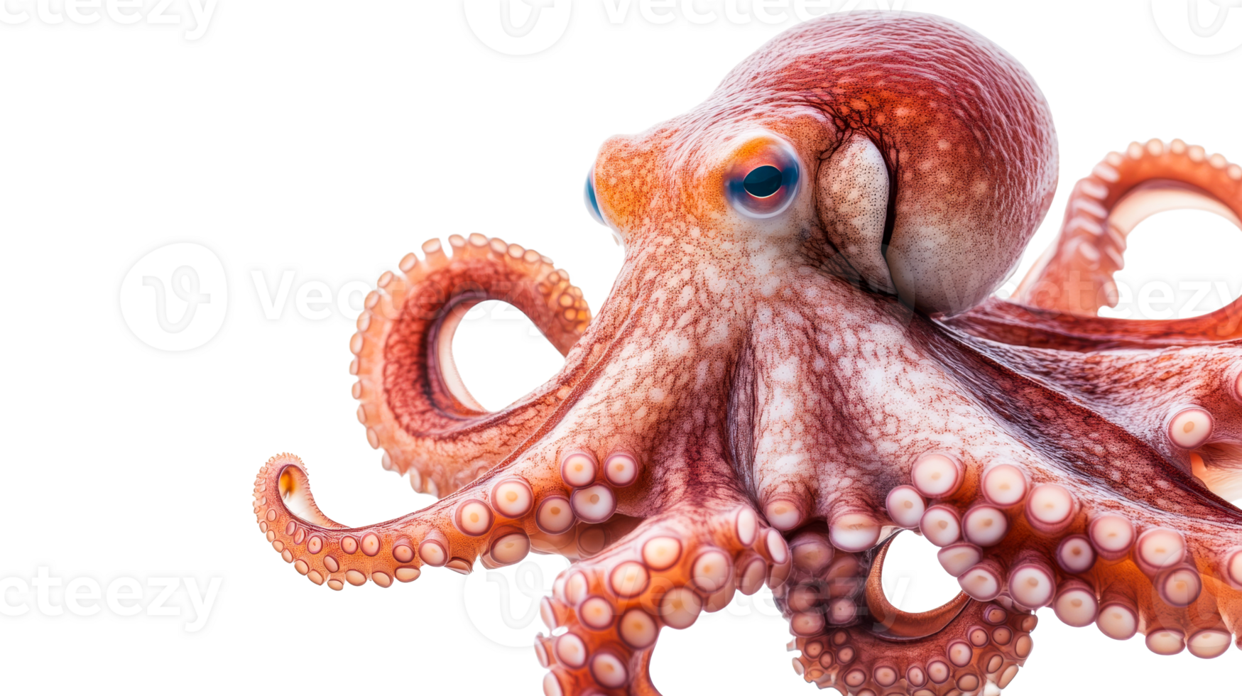 Detailed octopus with suction cups and mottled skin, cut out transparent png