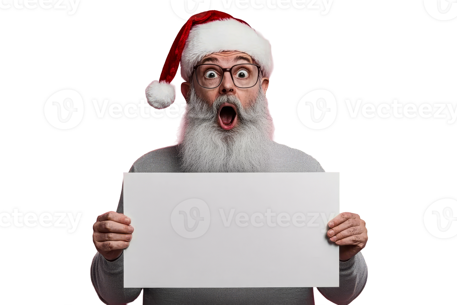 Surprised Santa Claus holding blank sign with open mouth, cut out transparent png