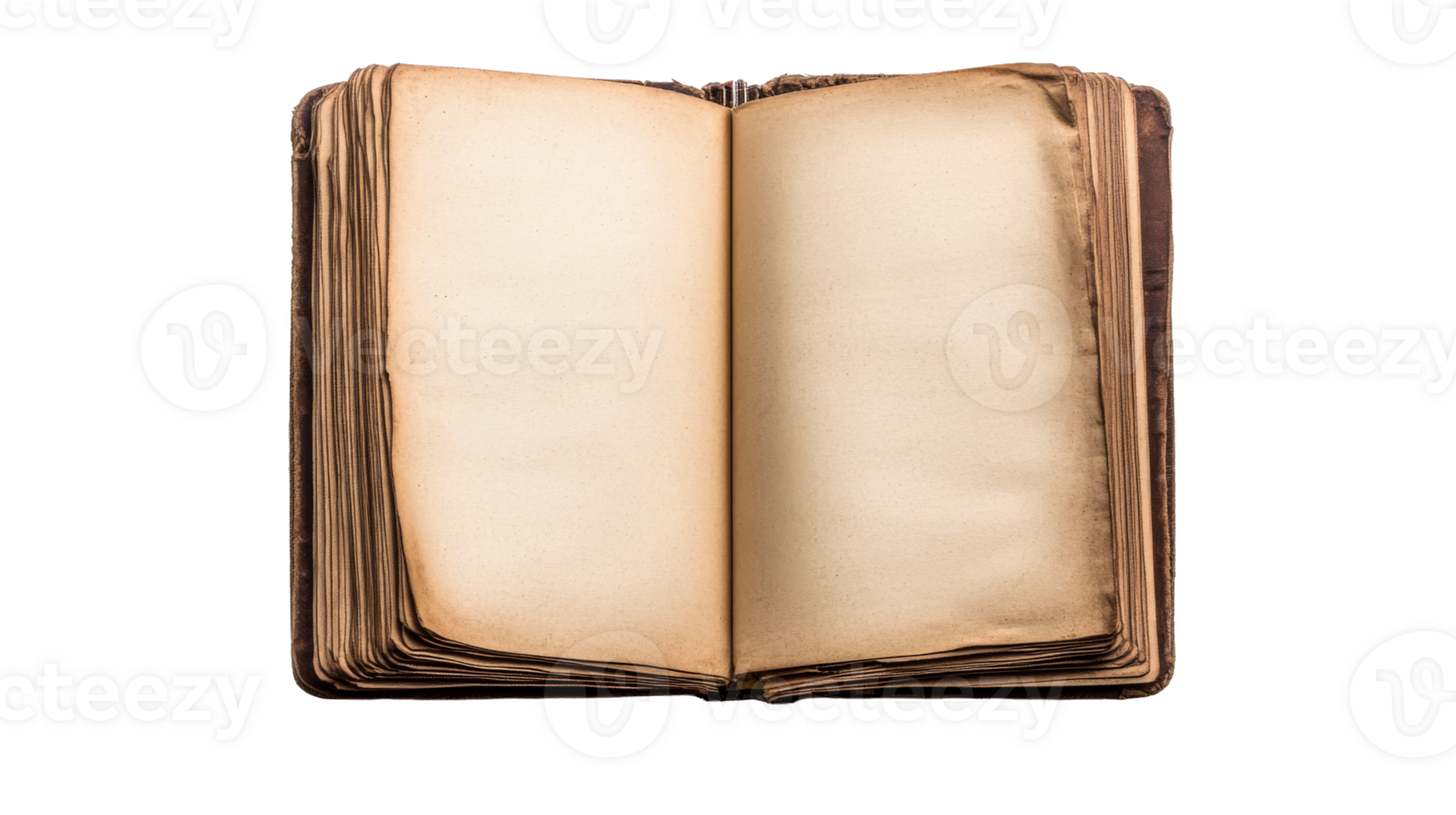 Open antique book with blank pages, aged paper texture, cut out transparent png