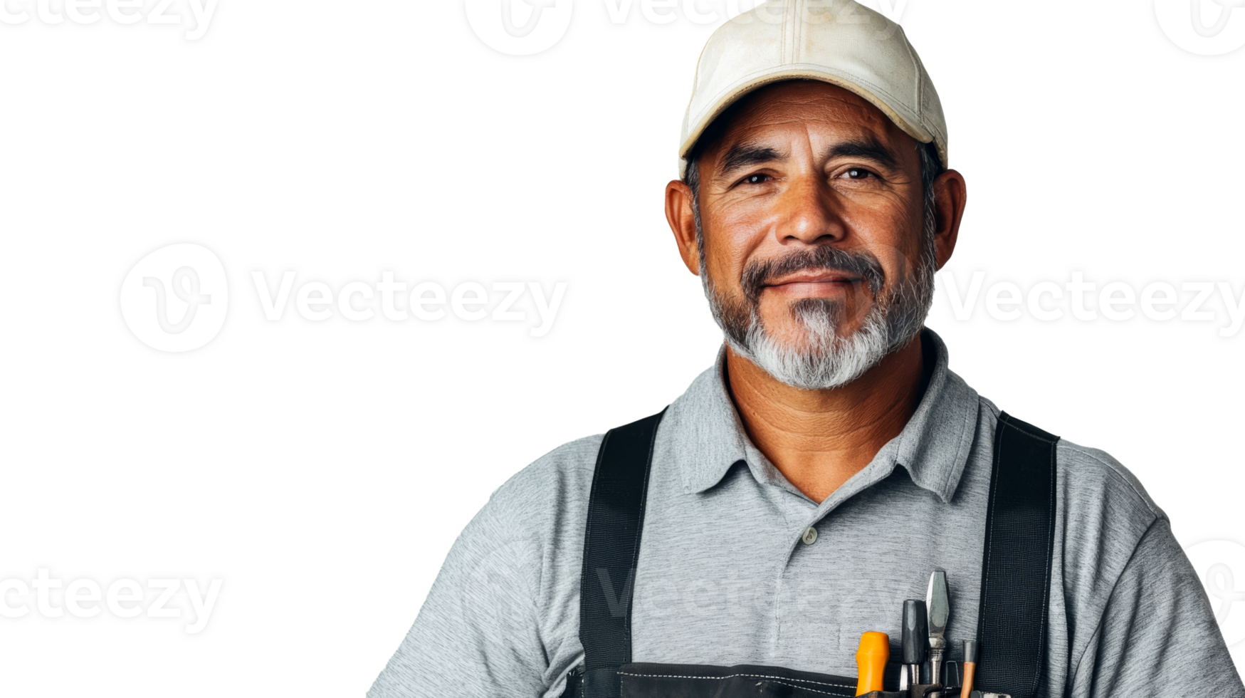 Craftsman with tools smiles kindly, ready for work, cut out transparent png