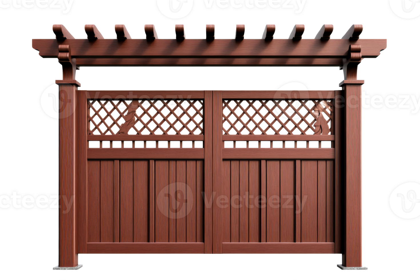 Wooden gate with trellis and pergola, isolated brown, cut out transparent png