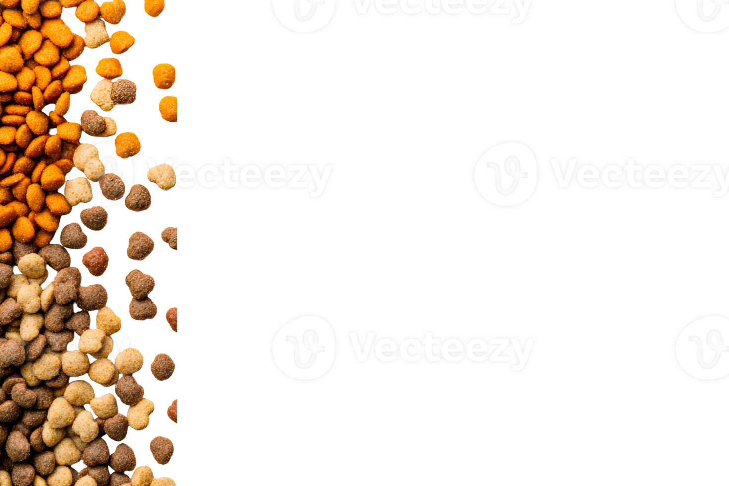 Multicolored dry pet food on black background, cut out transparent png