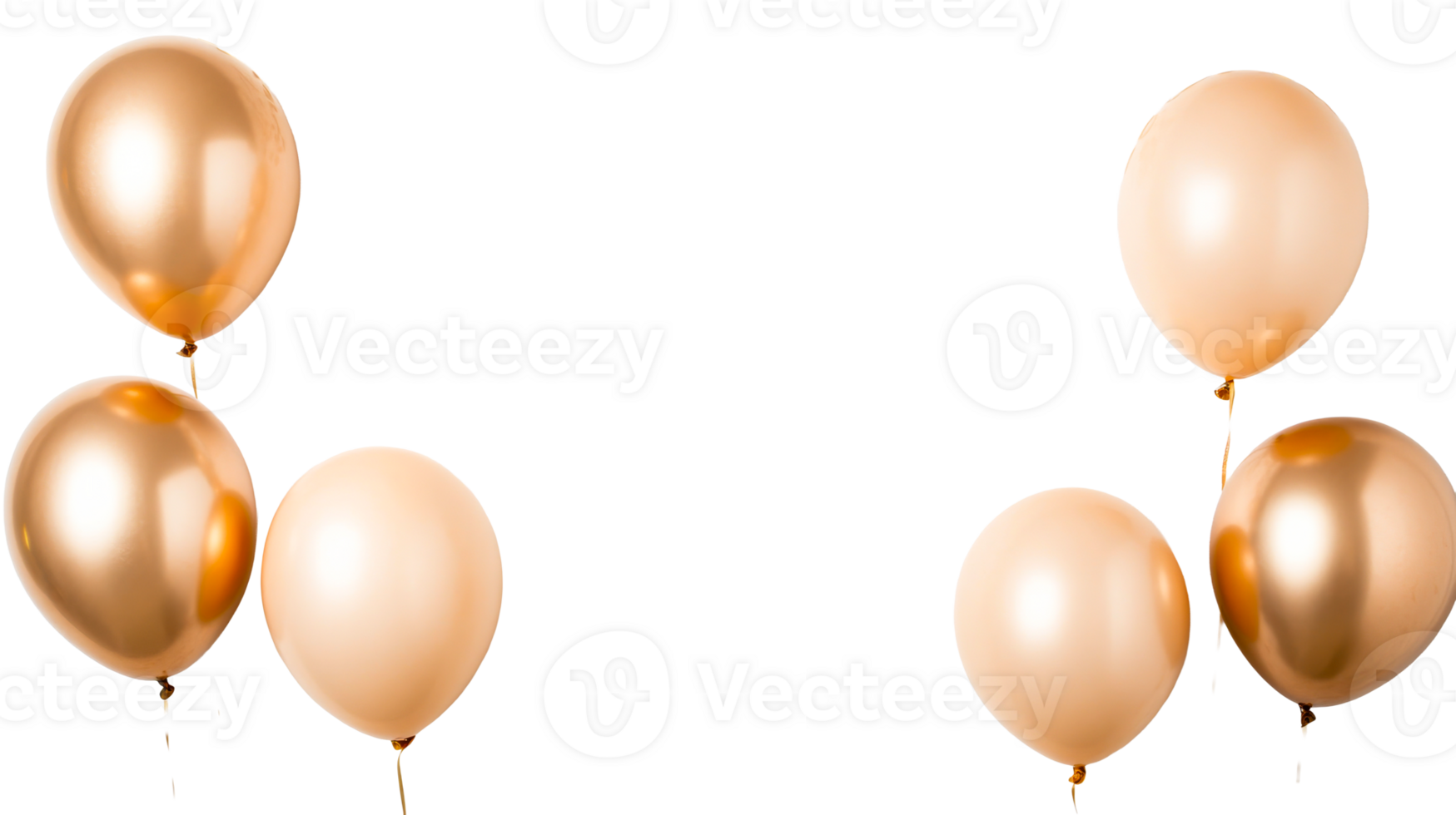 Festive peach and gold balloons against a black background, cut out transparent png