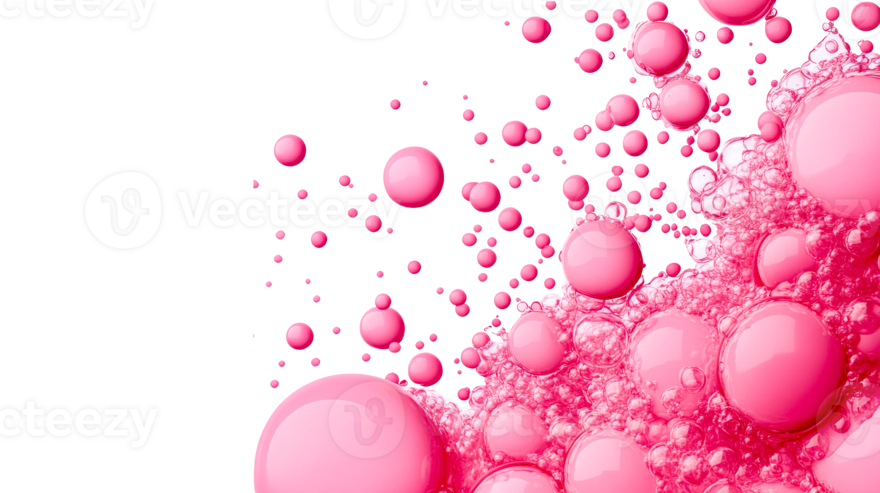 Pink spheres and bubbles floating against black background, cut out transparent png
