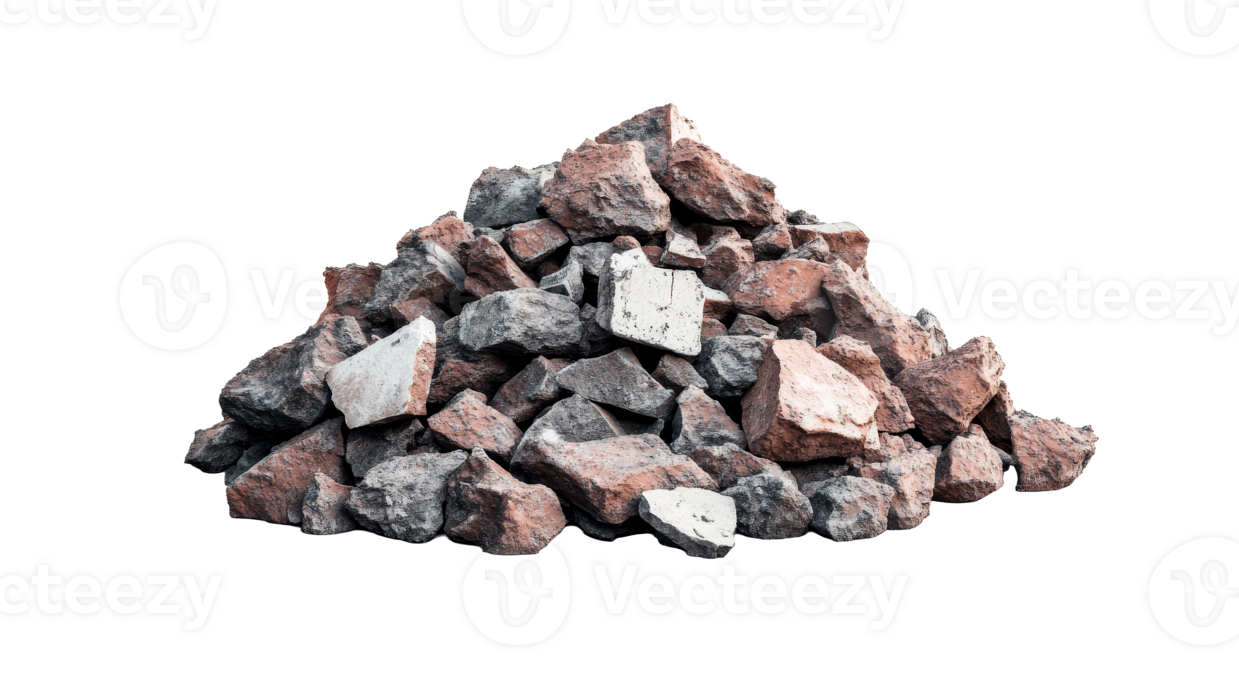 Heap of building broken red bricks and gray stones, cut out transparent png