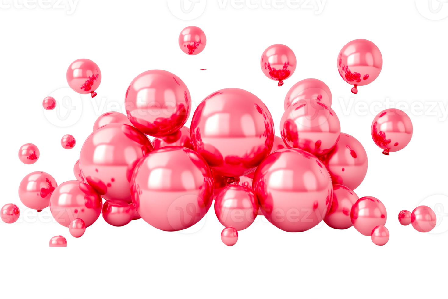 Shiny pink balloons pile on black background for birthday, cut out transparent png