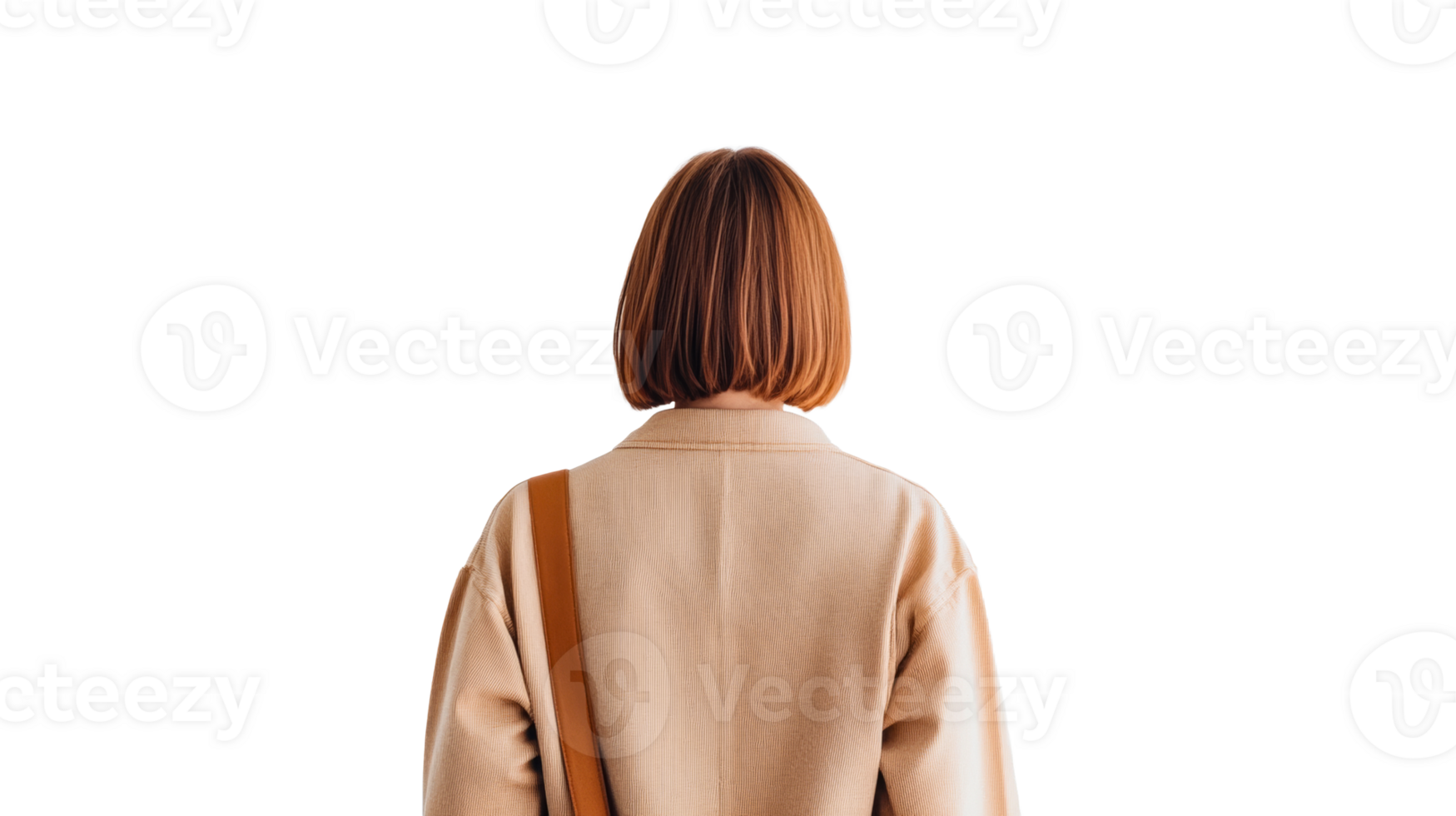 Rear view of a woman with a bob haircut in jacket, cut out transparent png