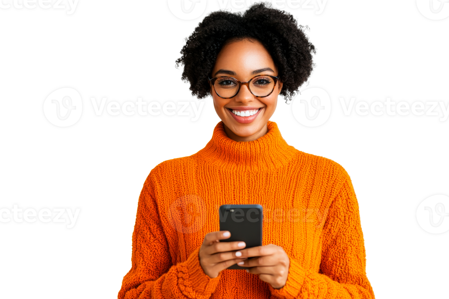 Smiling woman holding mobile, wearing orange turtleneck, cut out transparent png