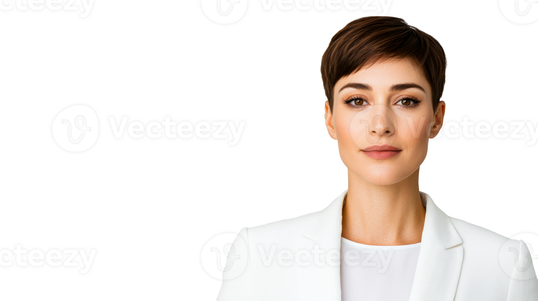 Brunette with pixie cut in white suit posing confidently, cut out transparent png