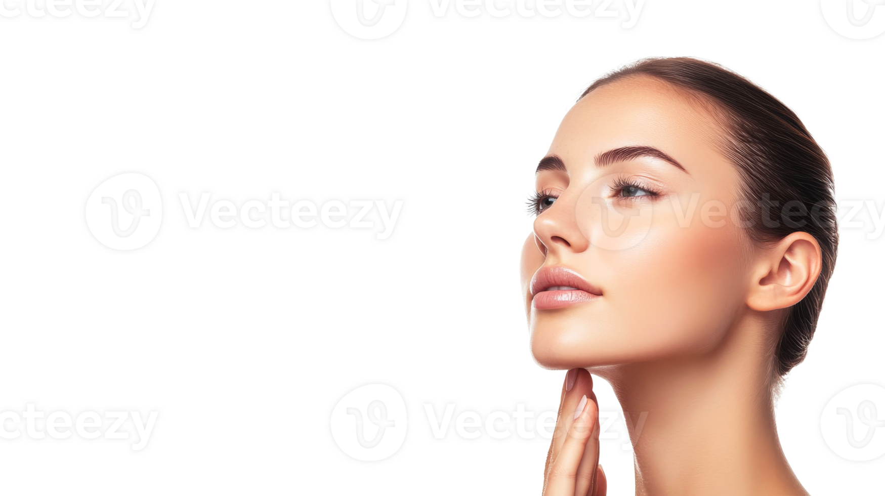 Elegant woman face profile with hand on chin, skincare concept, cut out transparent png