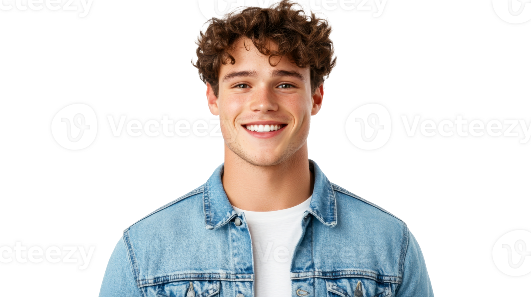 Man smiling, wearing denim jacket and curly hair style , cut out transparent png