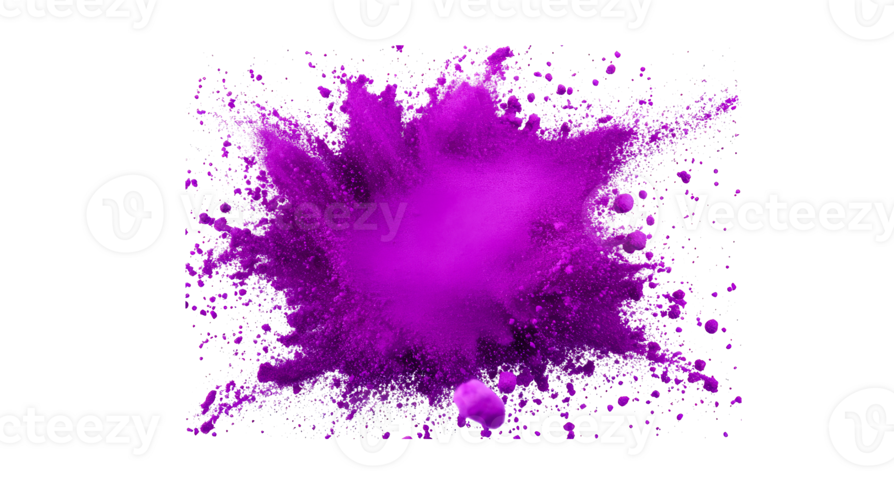 Bright violet explosion with scattering powder, isolated object, cut out transparent png