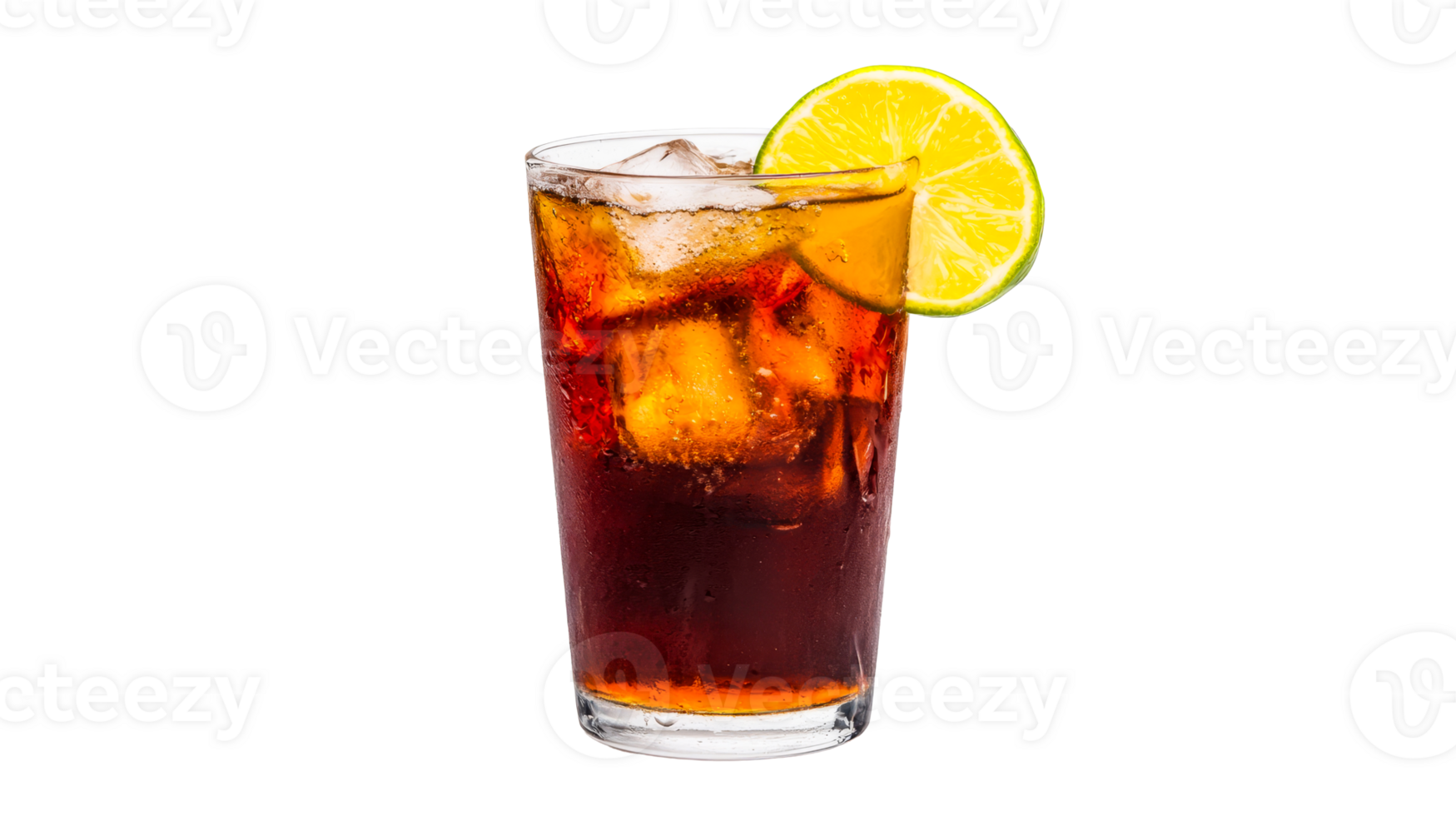 Rum and cola drink with lime and ice cubes, refreshing, cut out transparent png