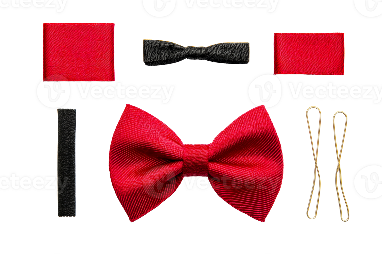Bow tie kit, red bow tie, black elements, gold clasps, cut out transparent png