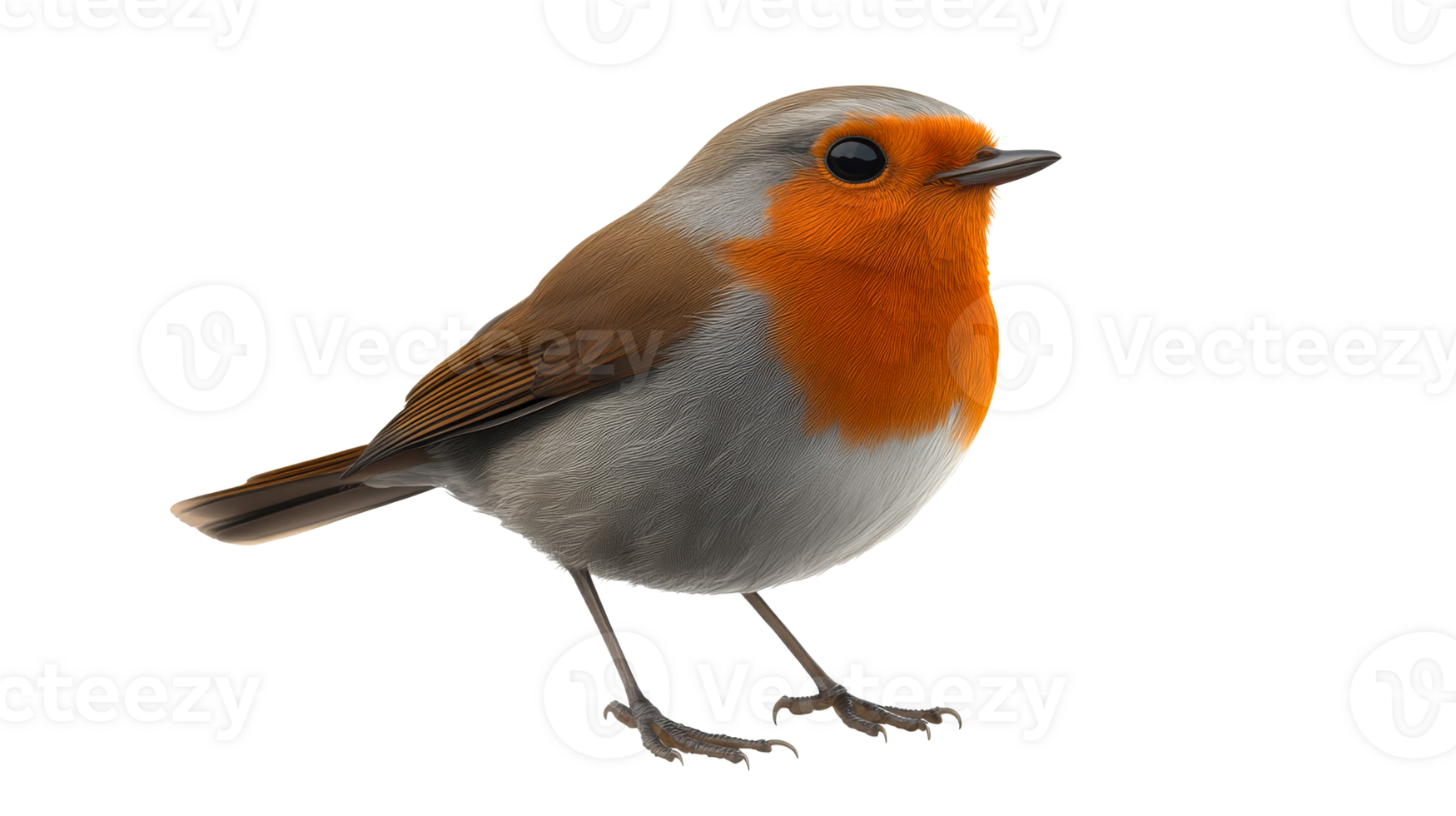 Small robin bird with orange breast looks forward, cut out transparent png
