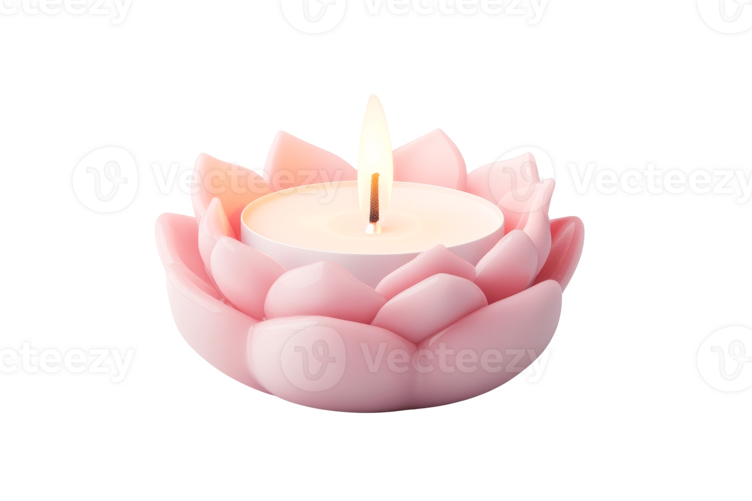 Lotus flower candle glowing with warm light on black background, cut out transparent png