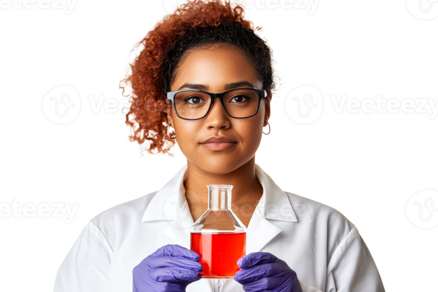 Confident scientist holds beaker with red liquid, cut out transparent png