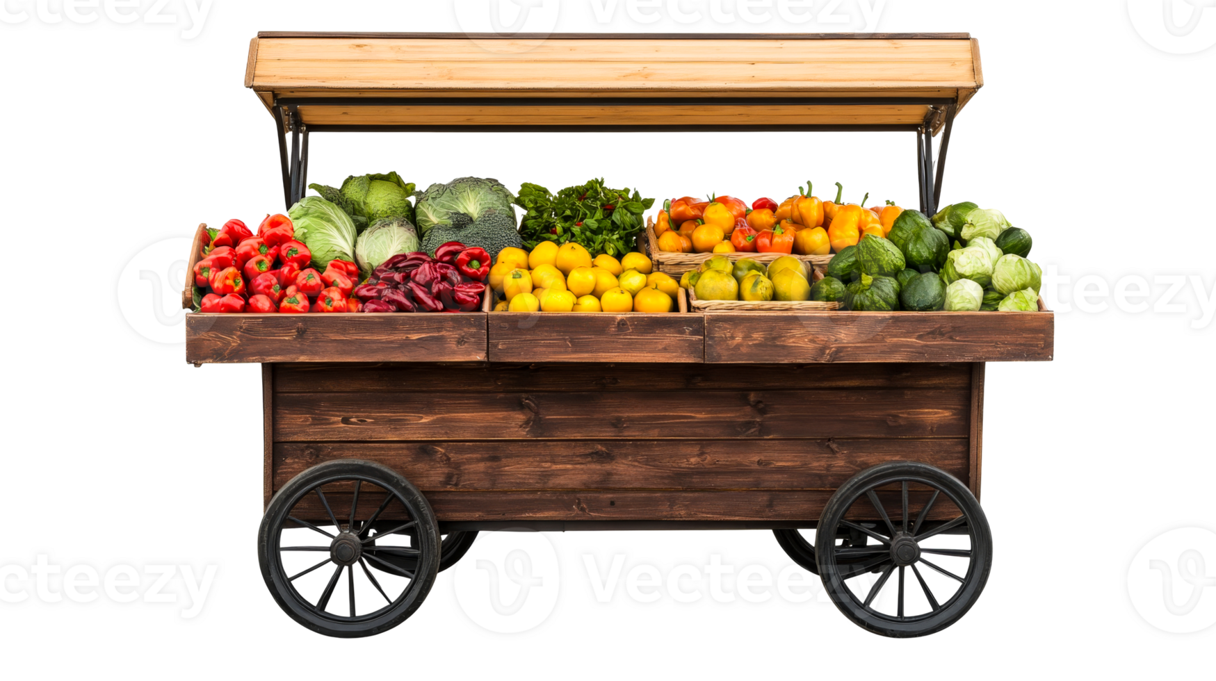 Wooden market stall with ripe vegetables and fruits, cut out transparent png