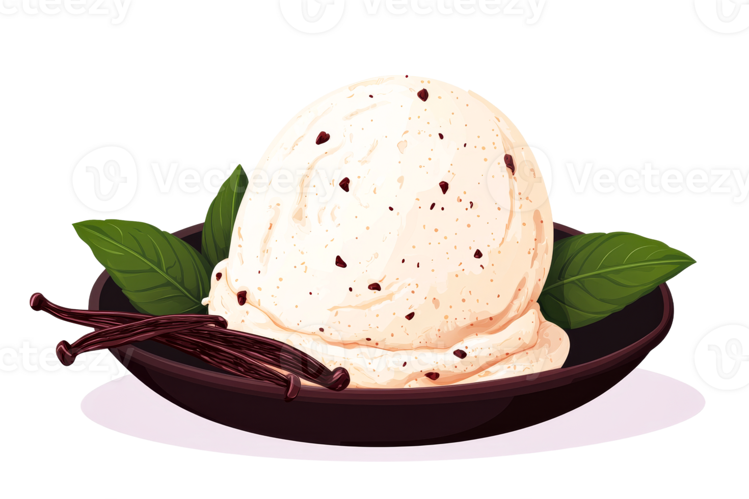 Creamy vanilla ice cream scoop with basil and vanilla beans, cut out transparent png