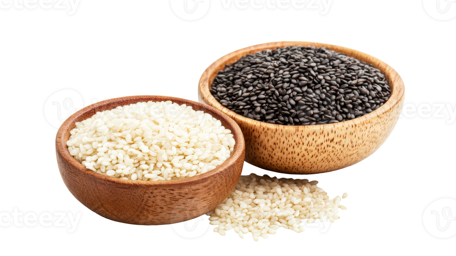 Two wooden bowls with rice and sesame seeds , cut out transparent png