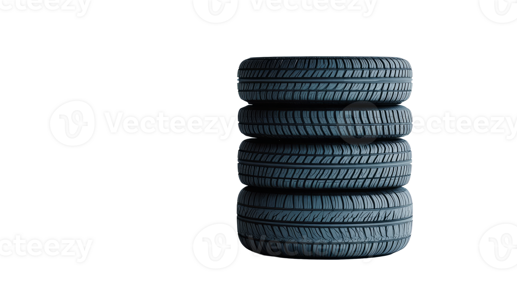 Stack of four new tires, vehicle maintenance component , cut out transparent png