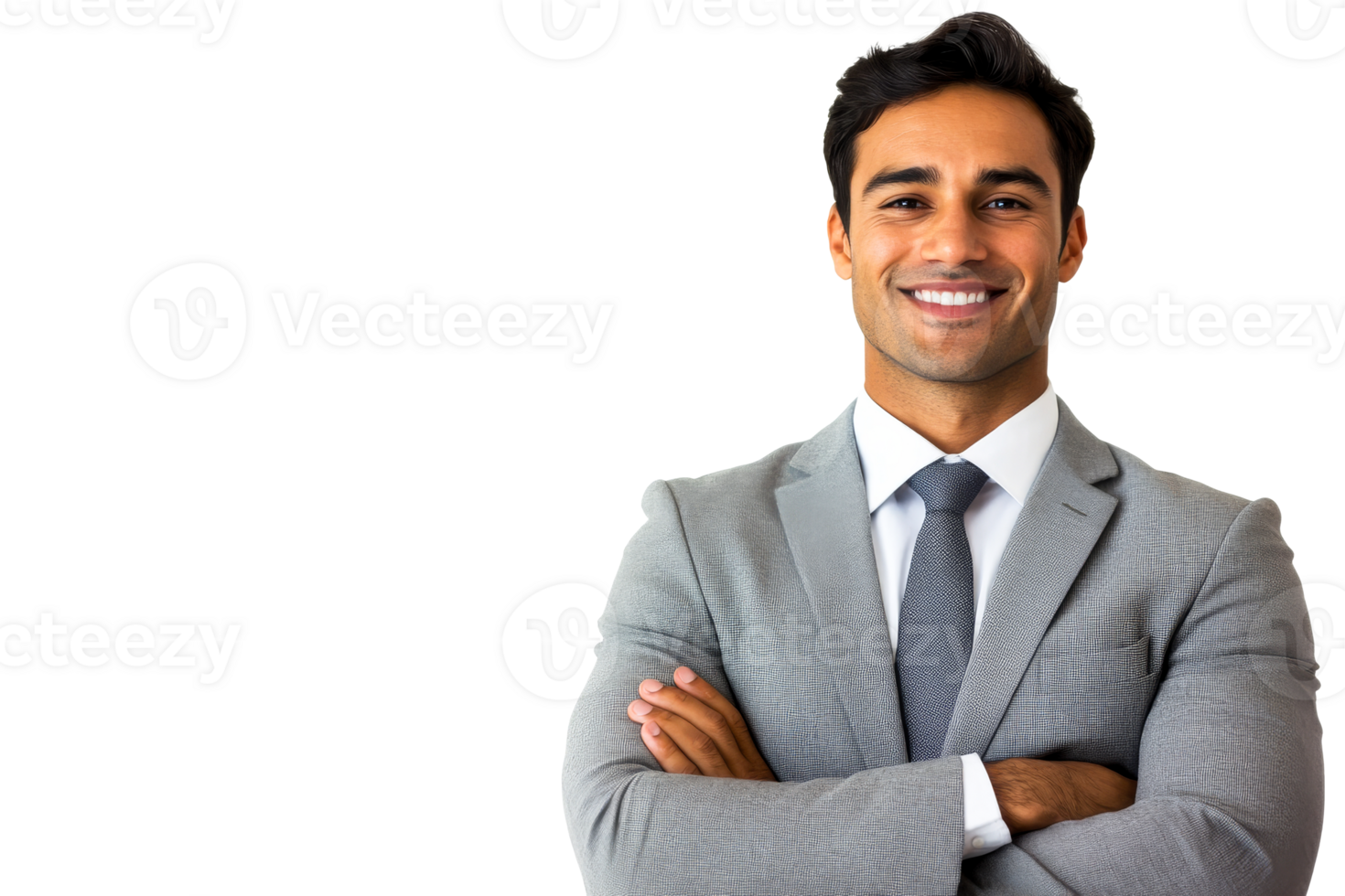 Smiling businessman in gray suit with arms crossed, cut out transparent png