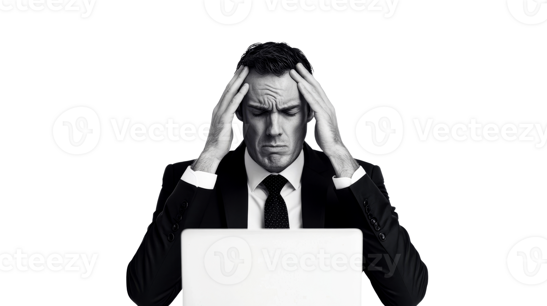 Stressed businessman working on laptop, isolated on black, cut out transparent png