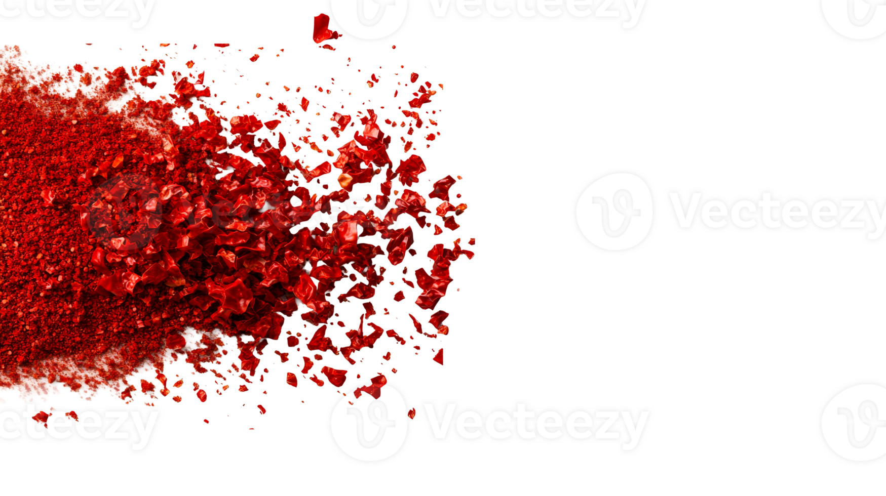 Red pepper flakes scattered on black background, cut out transparent png