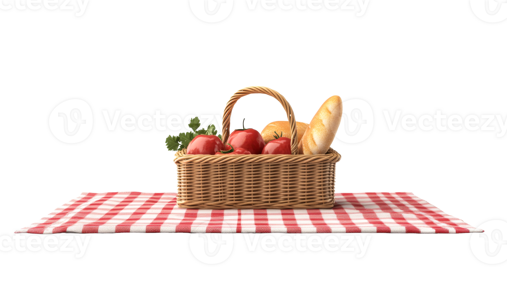 Picnic basket with tomatoes and bread on a checkered blanket, cut out transparent png