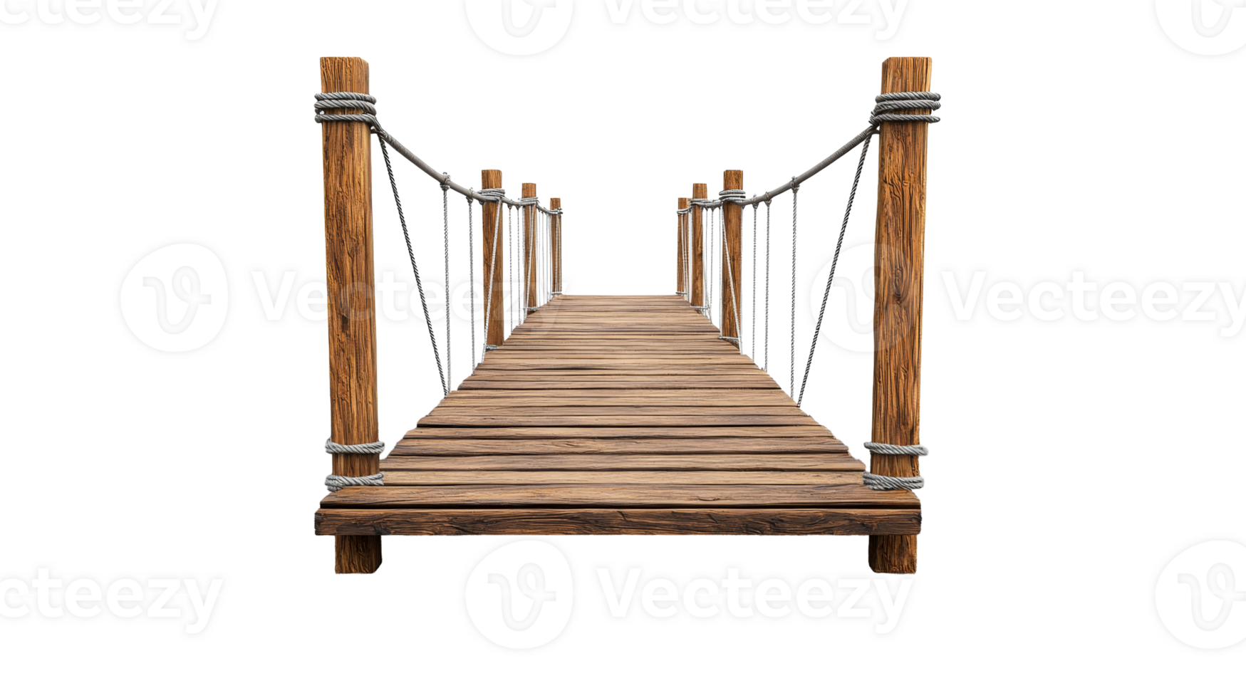 Old wooden bridge with rope railings, isolated, cut out transparent png