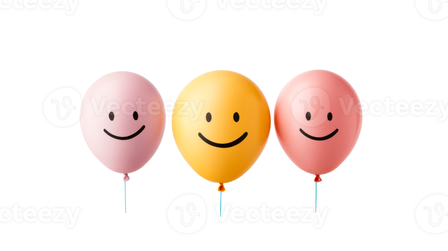 Three cheerful balloons, pink and yellow, smiling faces, party decor, cut out transparent png