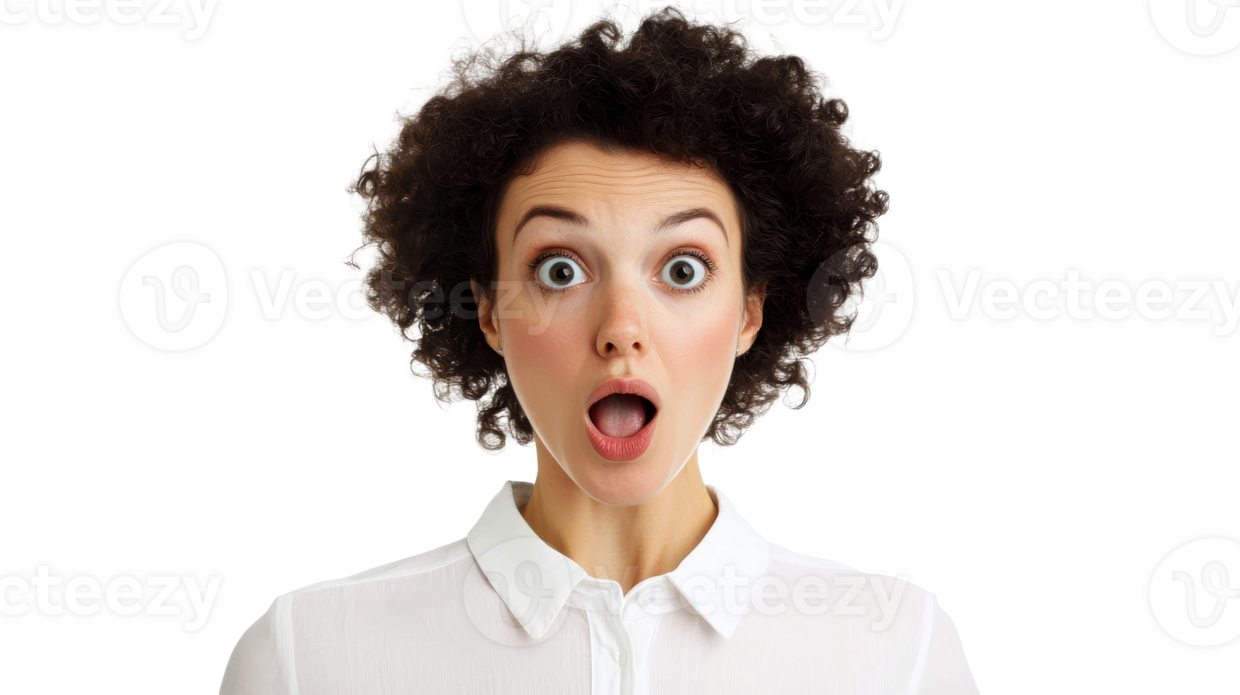 Shocked woman with afro hair and white shirt, surprised expression, cut out transparent png