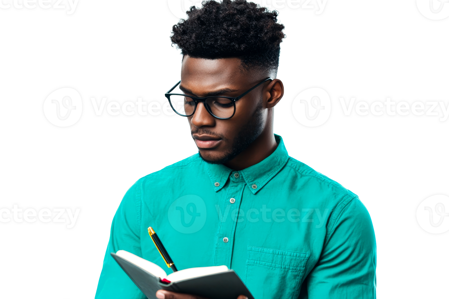 Thoughtful dark-skinned man in glasses writing in notebook, cut out transparent png