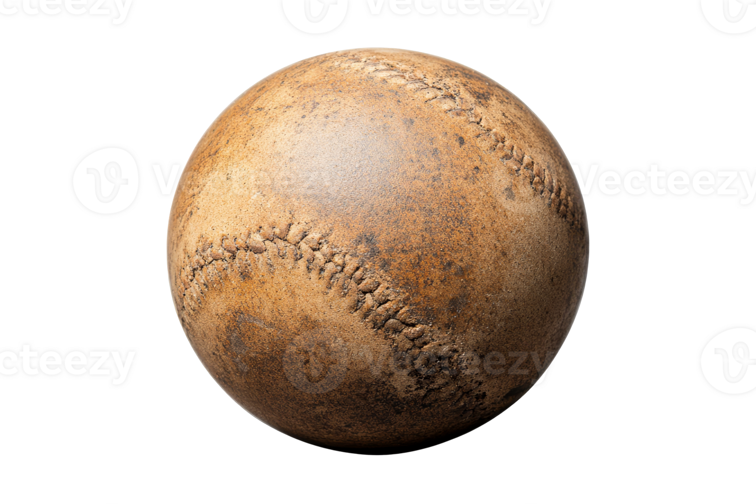 Old baseball with stitching and weathered leather, cut out transparent png