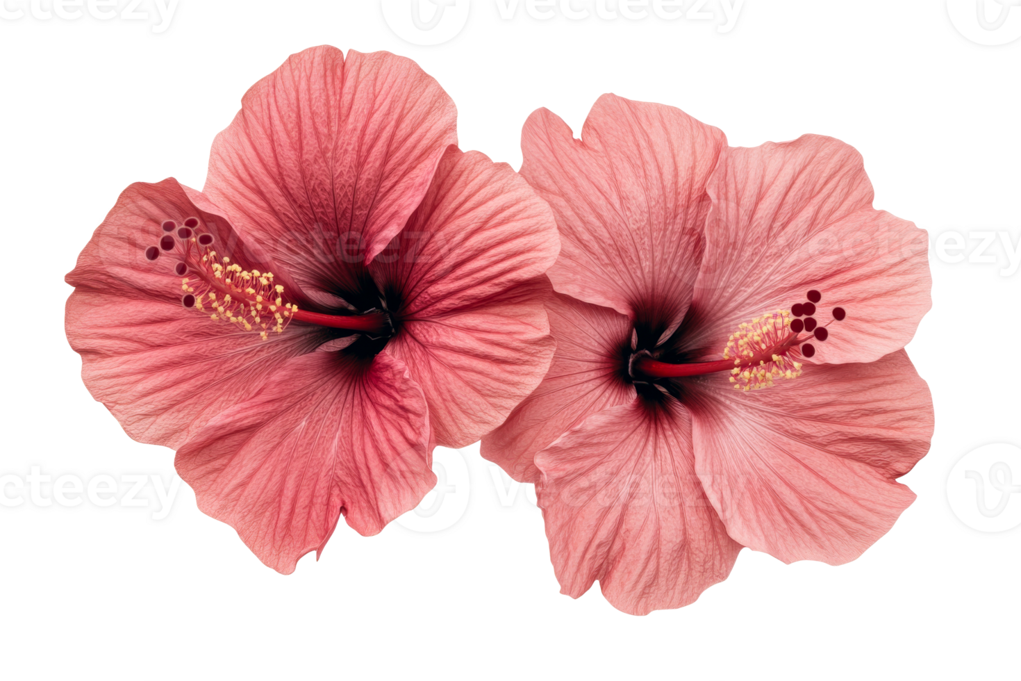 Two pink hibiscus flowers isolated on black background, cut out transparent png