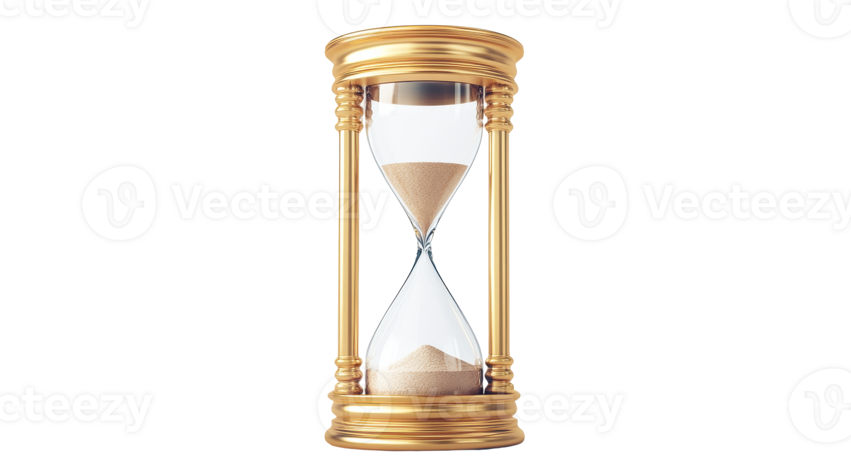 Golden hourglass with sand inside on black background, cut out transparent png