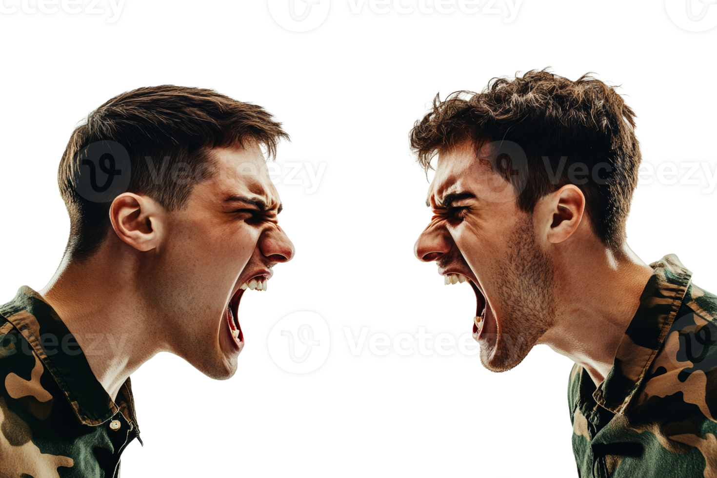 Soldiers shouting at each other aggressively in a conflict situation, cut out transparent png