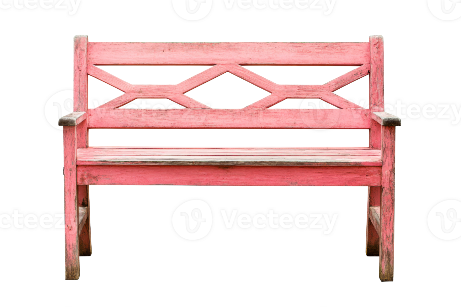 Rustic weathered pink wooden bench, isolated design element, cut out transparent png