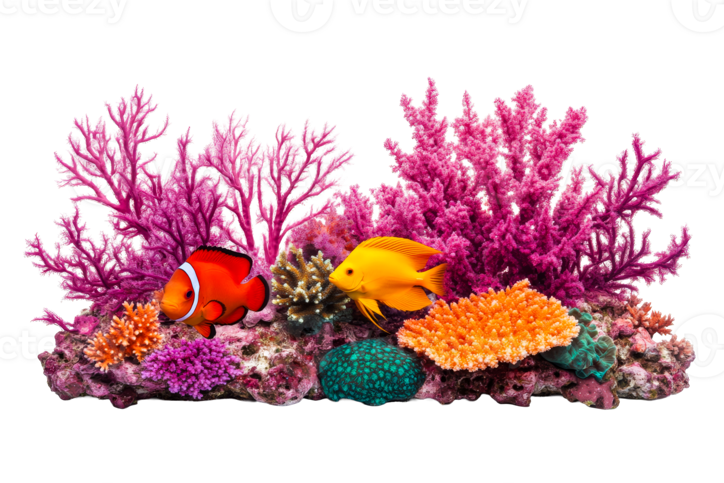 Clownfish and yellow fish amidst vibrant coral reef, cut out transparent png