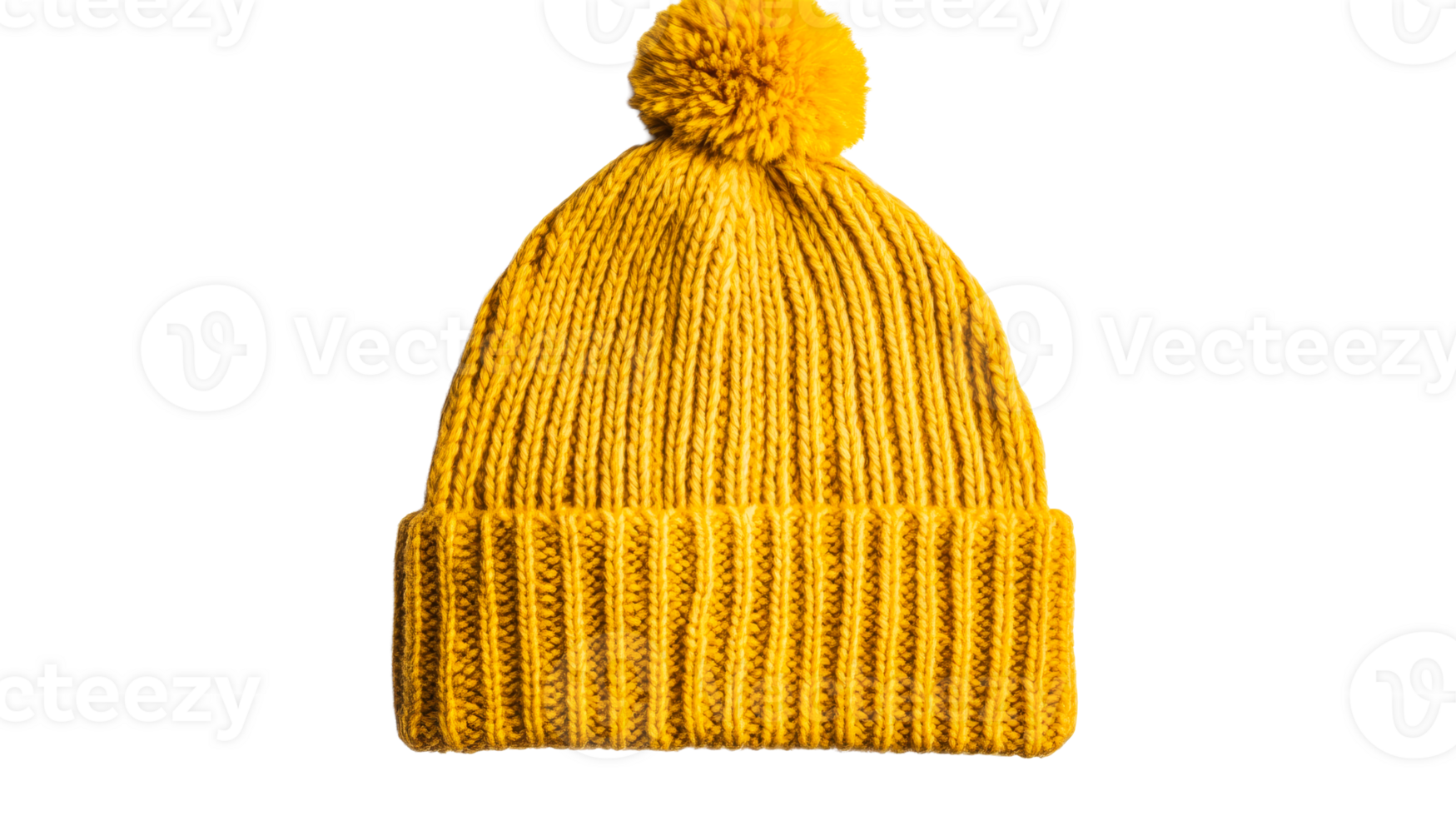 Stylish yellow knitted hat with pompom, winter wear, cut out transparent png